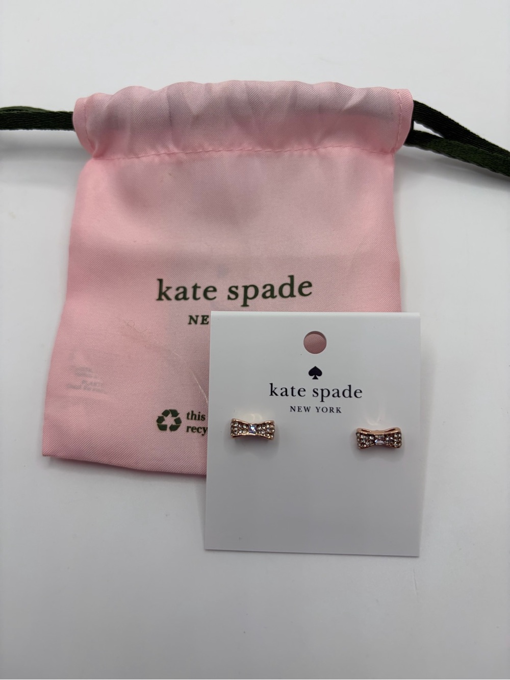 kate spade Rose Gold Bow Crystal Stud Earrings with Pink Pouch